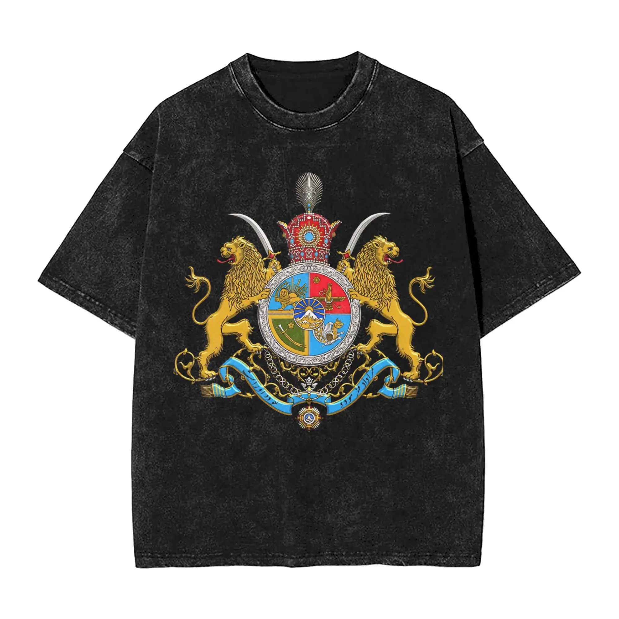 Vintage Washed T Shirt Iranian Imperial Coat of Arms of Iran Pahlavi Dynasty Cotton T Shirts Fashion Tshirt for Man Summer Tops