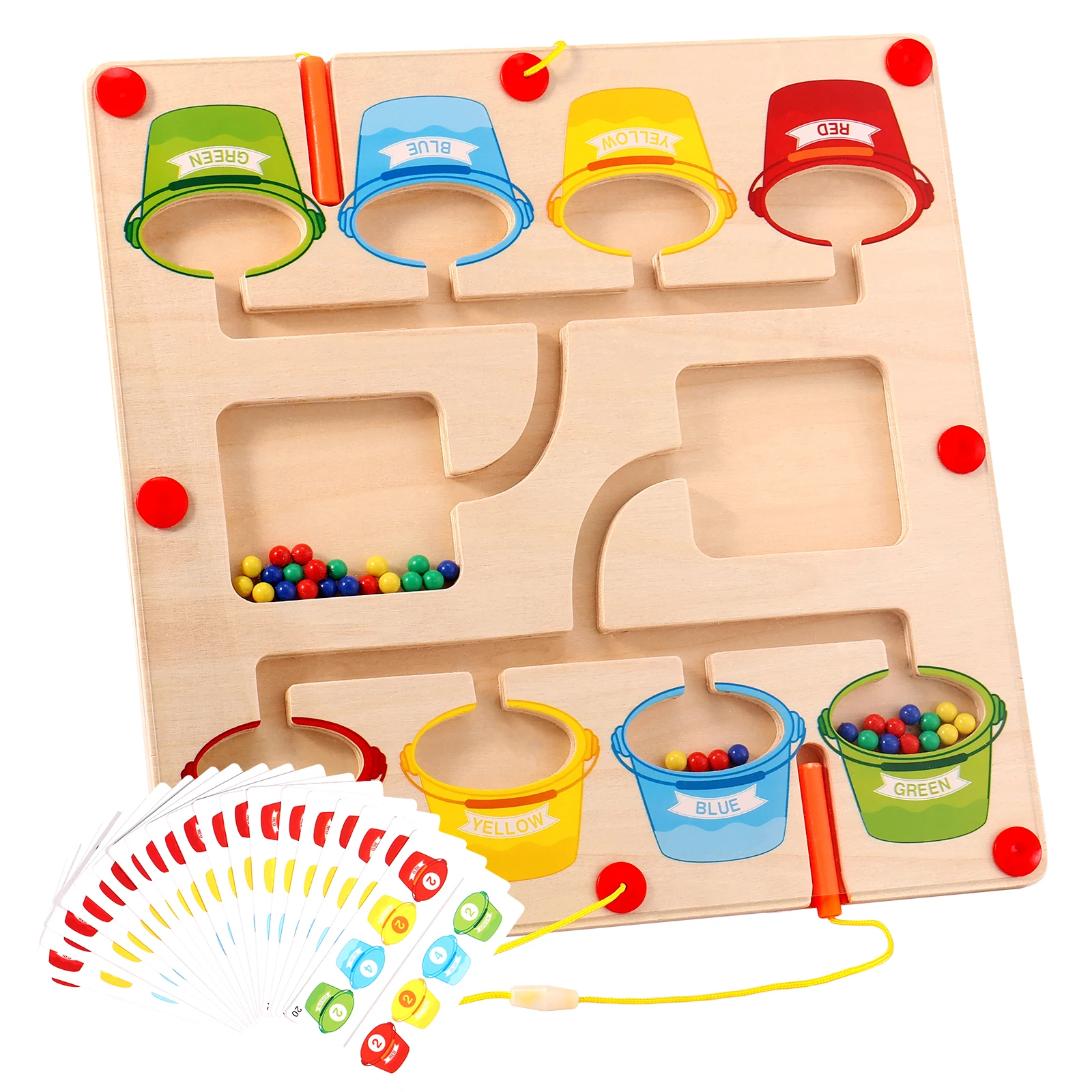 Magnetic Color and Number Maze 2 Player Wooden Magnet Maze Board Toy with 20 Cards Magnetic Pen Color Matching Sorting Game