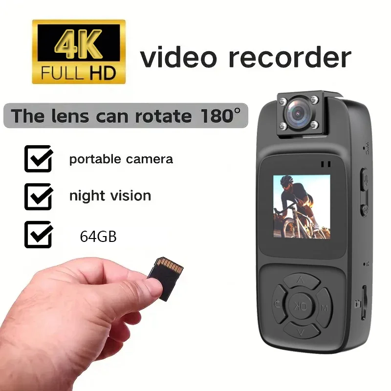 4K Wearable Camera Audio Video Recording 180° Rotatable Lens Video Camera Camcorder Night Vision with Magnetic Back Clip for Law