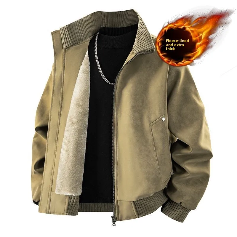 

Мужская утепленная куртка из искусственной кожи в американском стиле с флисовой подкладкой, свободного кроя, с воротником-стойкой, молодежная повседневная верхняя одежда в стиле ретро