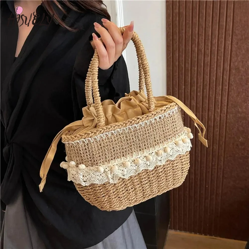 

Новая женская соломенная тканая сумка с кружевом, большая вместительная тканая сумка-тоут, летняя вязаная крючком пляжная сумка ручной работы на шнурке с верхней ручкой