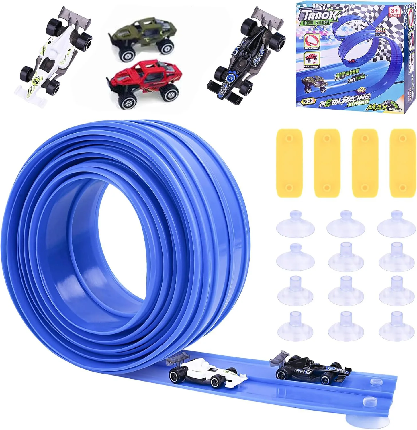 Flexible Race Track Set with 4 Formula Cars - 360° Stunt Loop Racing Track Compatible with 1/64 Diecast Cars, DIY Bendable Track