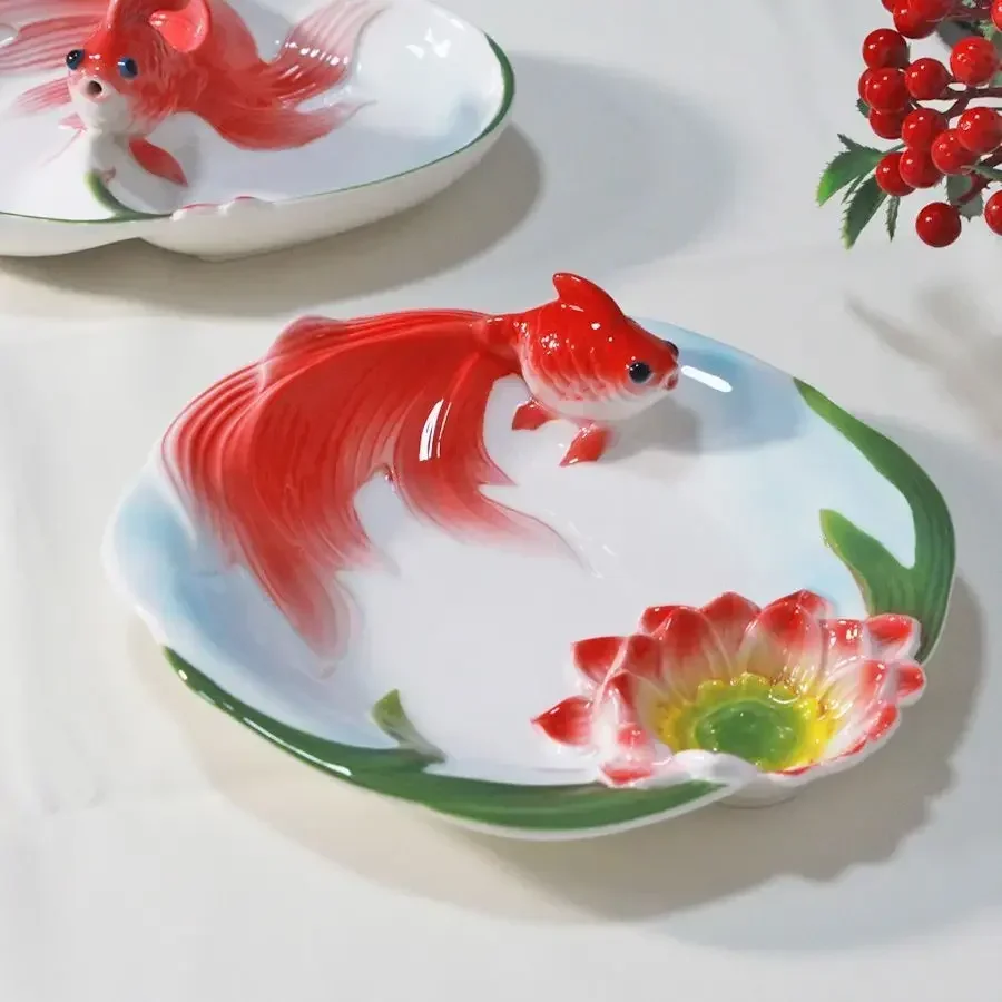 Relief Koi Ceramic Dumpling Plate with Dipping Sauce Integrated French Fry Plate Snack Plate Symbolizing Good Luck and Fortune