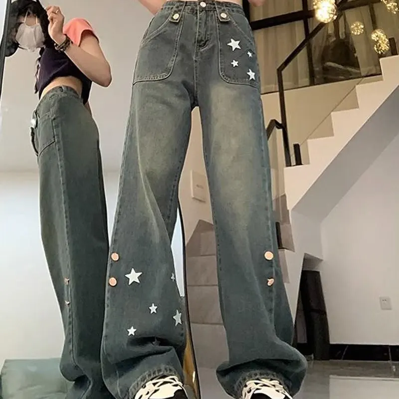 

American Retro Wide-Leg Trousers Female Clothing Star Pattern Decor Casual High Waist Denim Loose Streetwear Metal Button Jeans