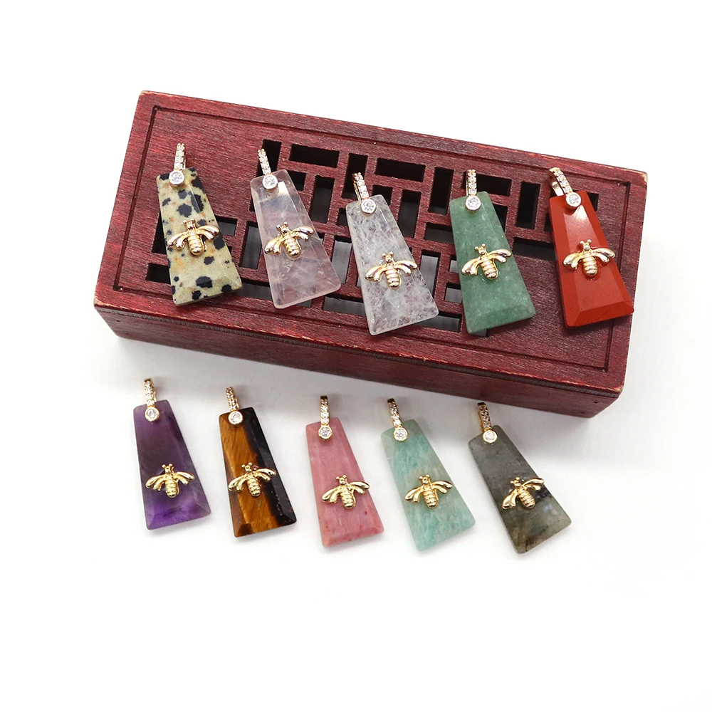 

Geometric Long Trapezoidal Natural Stone Amethyst Copper-plated Small Bee Inlaid Rhinestones Pendant for DIY Creative Jewelry