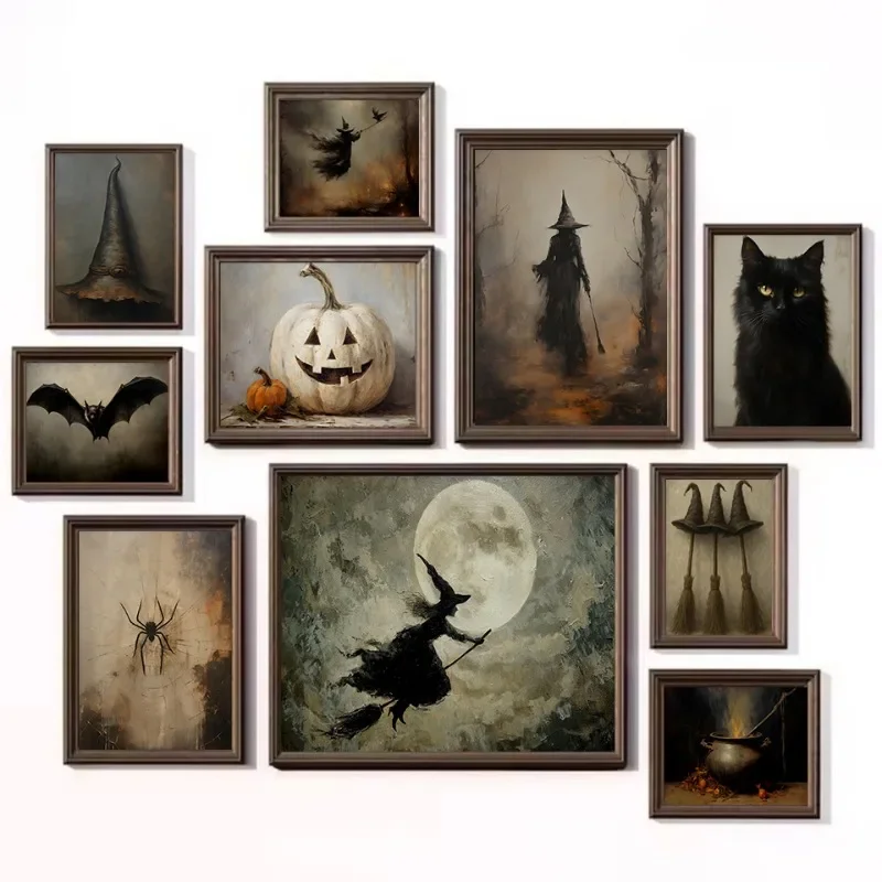 Multiple sizes 1pc frameless Canvas Painting,Vintage Gothic Witch Black Cat Bat Pumpkin Spider Wizard Broomstick Halloween Poste