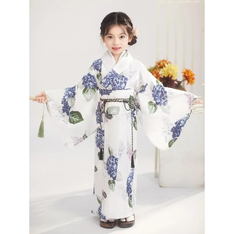 Girls Floral Kimono Yukata Kids Traditional Long Robe Hydrangea Print Costume Children Stage Performance Dress with Obi Belt