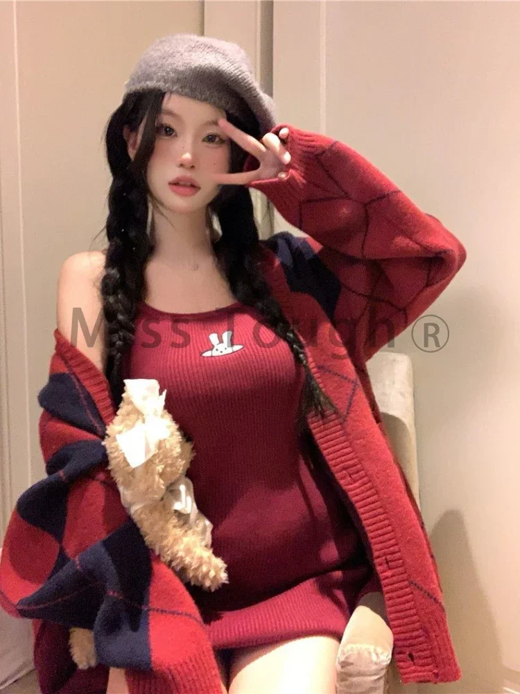 Korean Style Designer 2 Piece Set Women Plaid Knitted Coat + Rabbit Print Dress Suit Female Elegant Sweet Party Mini Dress Sets