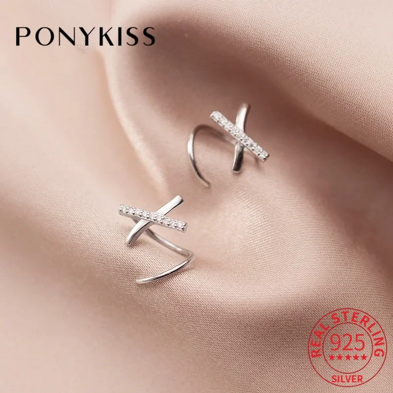 PONYKISS 925 Sterling Silver Chic Wave Spiral Geometric line cross Hoop Earrings Women Party Minimlist Accessory Delicate Gift