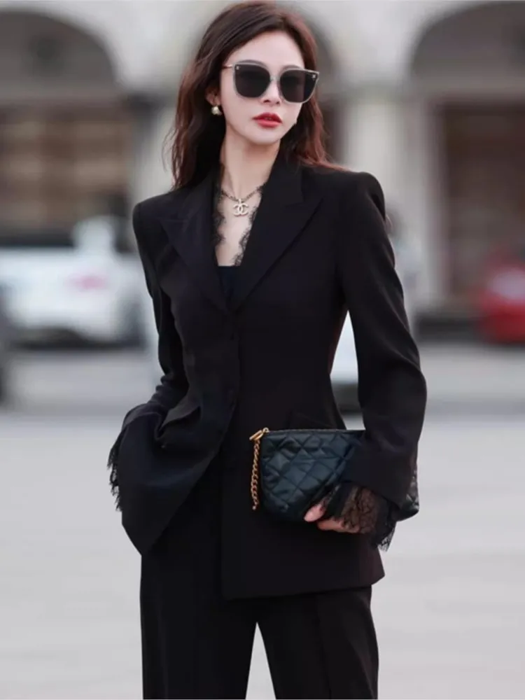 Women Blazer Coat Flare Pants Suit Spring New Fashion Lace Long Sleeve Female Clothes Two Piece Set