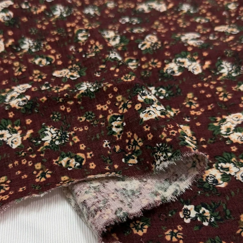 

Vintage Wine Red Small Floral Linen Fabric Artistic Style Shirt Dress Half Body Skirt Spring Summer Non Elastic Fabric