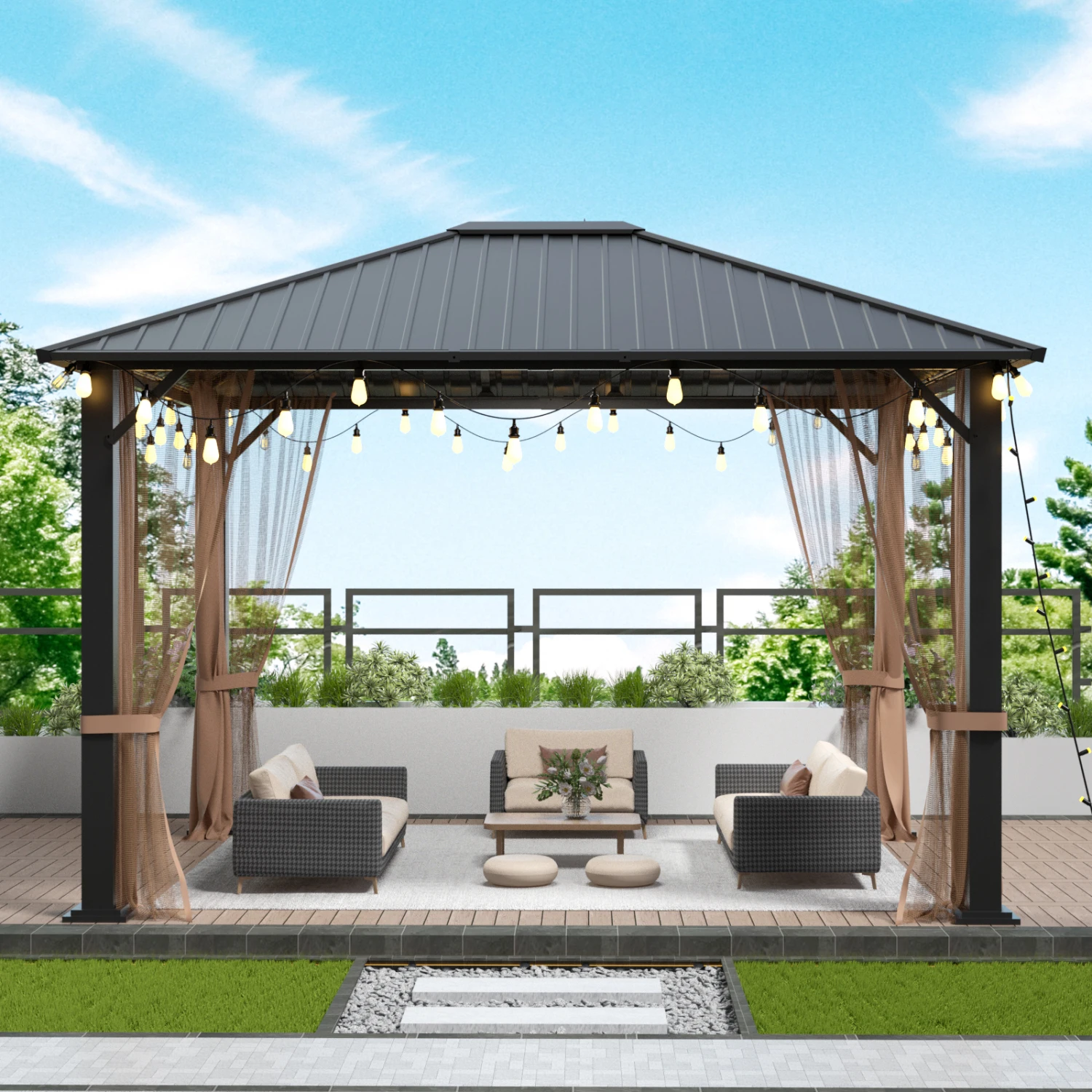 10x12 Hardtop Metal Gazebo,Heavy Duty Pergola with Mosquito Nets&Galvanized Steel&Polycarbonate Roof,Sturdy Outdoor Canopies Ten