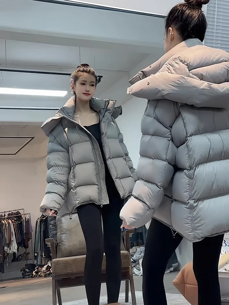 Winter Puff Hooded Warm Down Jacket Female Drawstring Thick Loose Parker Jacket Women White Duck Down Zipper Waterproof Outwears