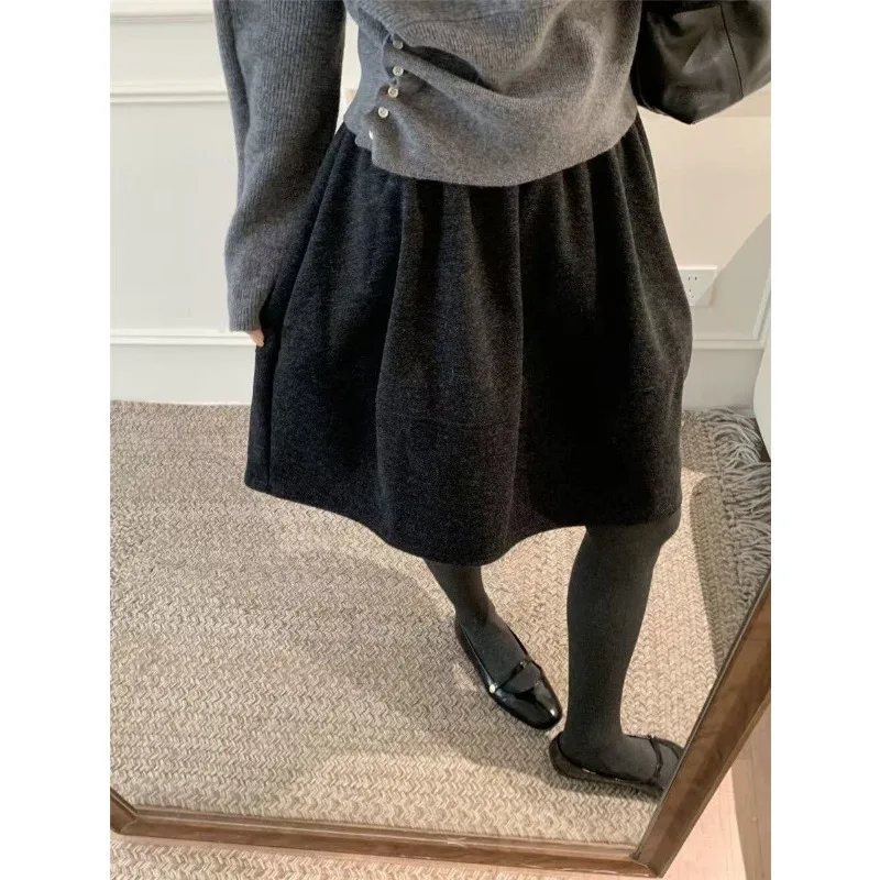 Women High Waist Woolen Bud Skirt Autumn Winter A Line Midi Skirt For Petite Hide Fat Elegant Skirt