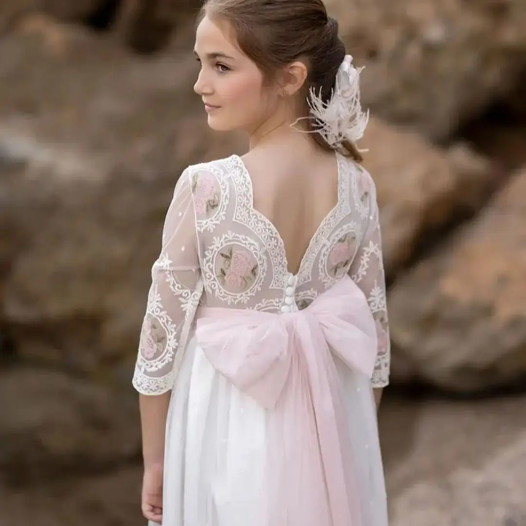 FATAPAESE-Robe de demoiselle d'honneur dégradée pour filles, robe de soirée de mariage, robe de demoiselle d'honneur junior, robe de princesse pour enfants, ruban floral rose, ceinture à nœud