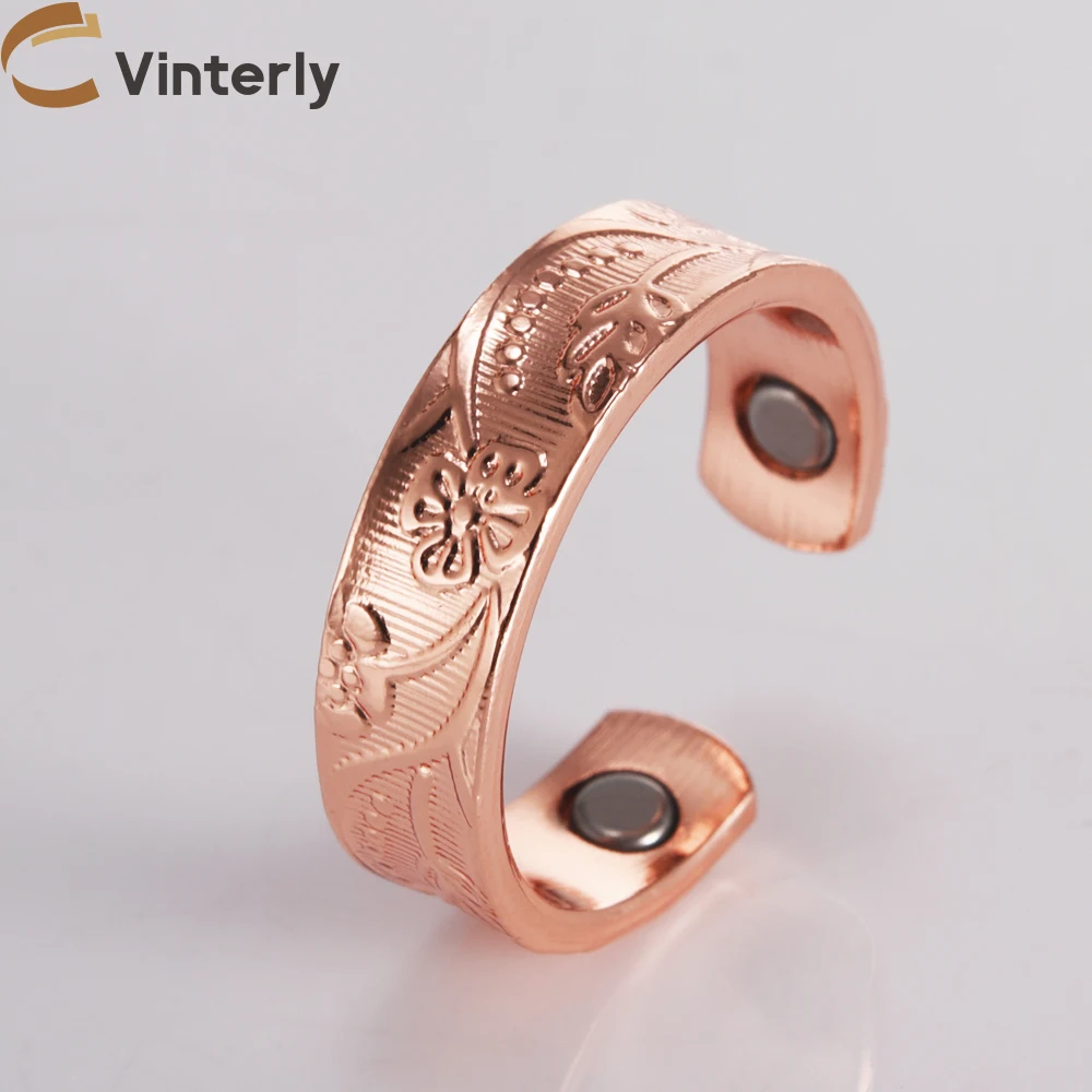 Vinterly Pure Copper Rings Magnetic Flower Plant 6mm Adjustable Open Cuff Finger High Magnets Health Energy Resizable Jewelry