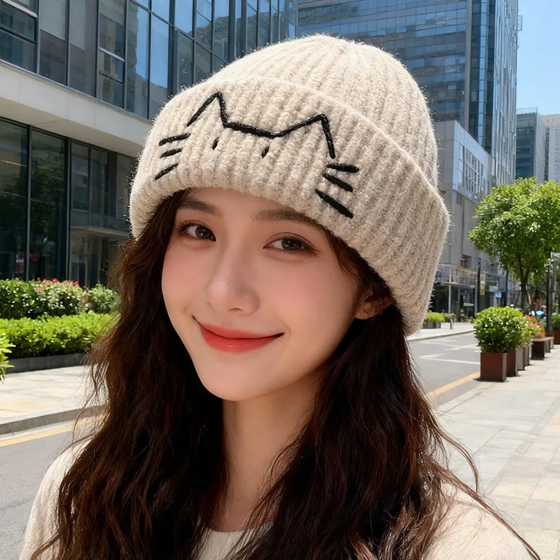New Cute Kitten Knitted Hat Women Men Embroidered Pullover Winter Thicken Warm Ear Protection Casual Skull Beanie Caps Girls