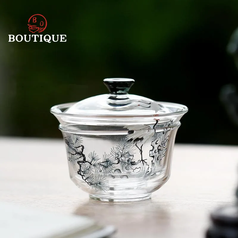 

Pine And Crane Gaiwan Original Glass Tea Bowl Chawan Heat-Resistant Handmade Kung Fu Set Tea Cup Tool Gai Wan Cover Maker 200ml