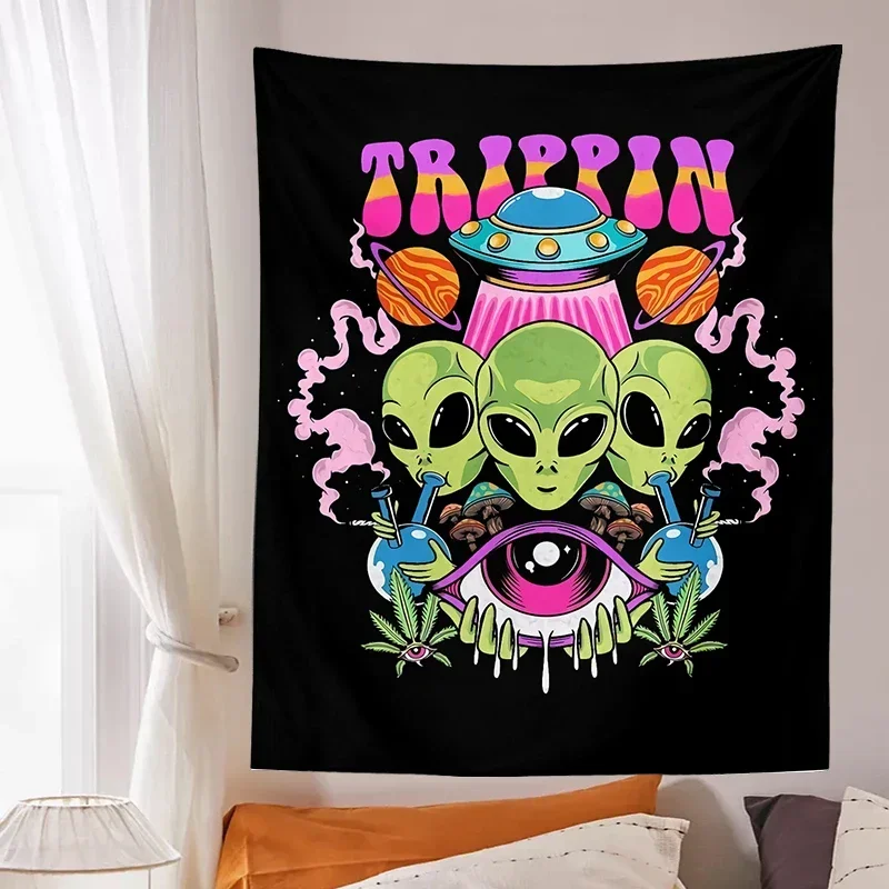 Alien Tapestry, Magic Psychedelic Mushroom UFO Wall Hanging, Sci-Fi Home Decor for Bedroom, Living Room & Dorm