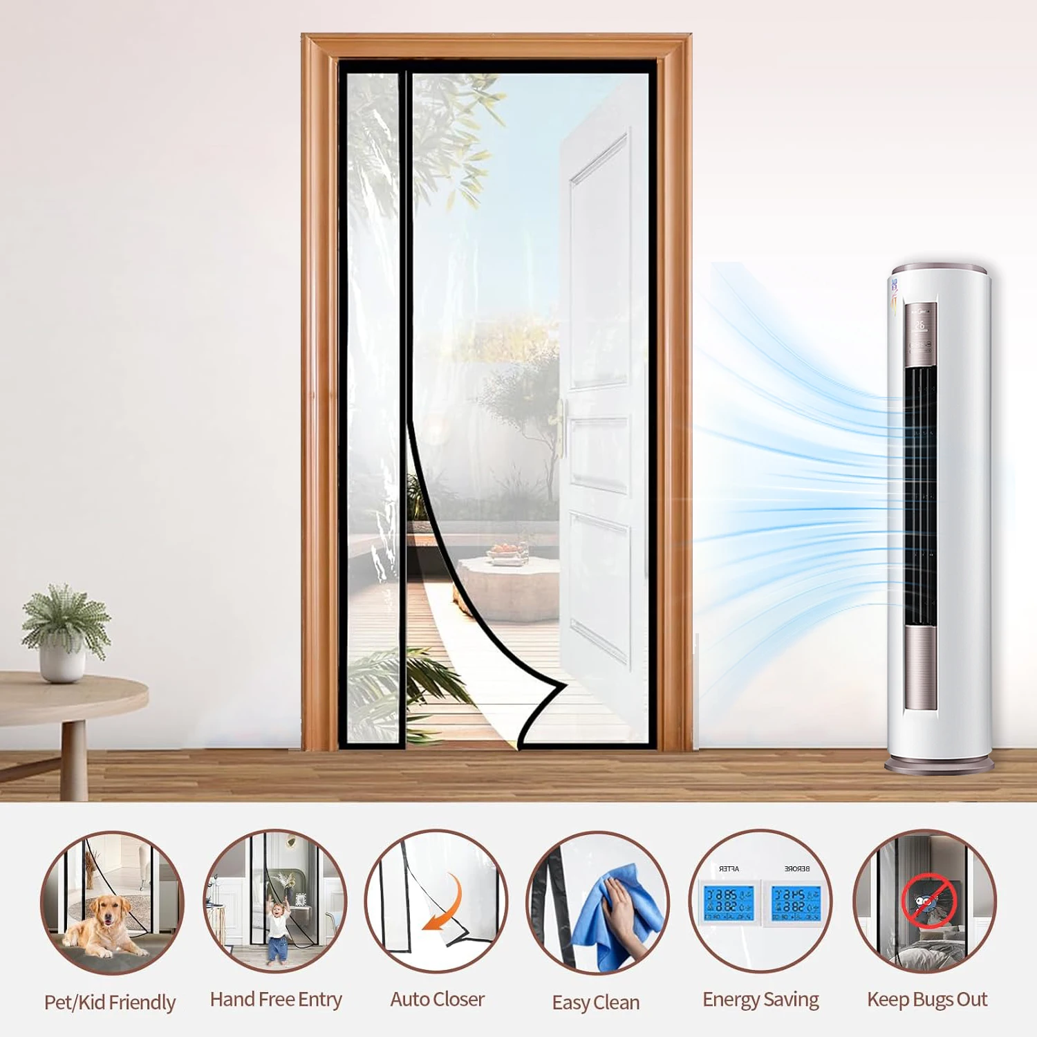 Black Side Opening Magnetic Transparent Door Curtain, Thermal Insulated Windproof No Drill Auto Close AC Screen Pet Friendly