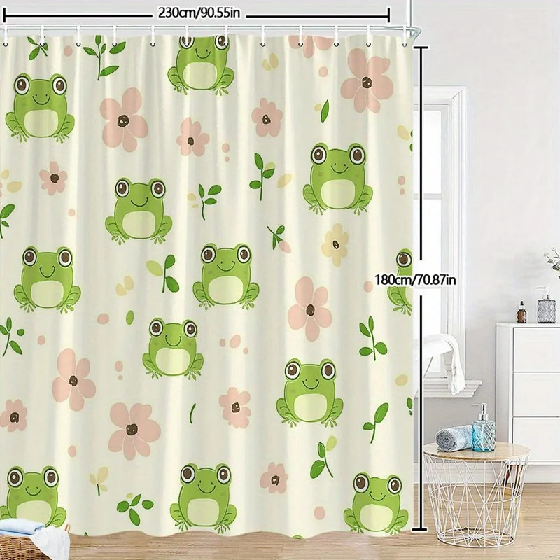 

cute frog shower curtain with pink flowers and green leaves for kids bathroom decor playful nature style easy to care for