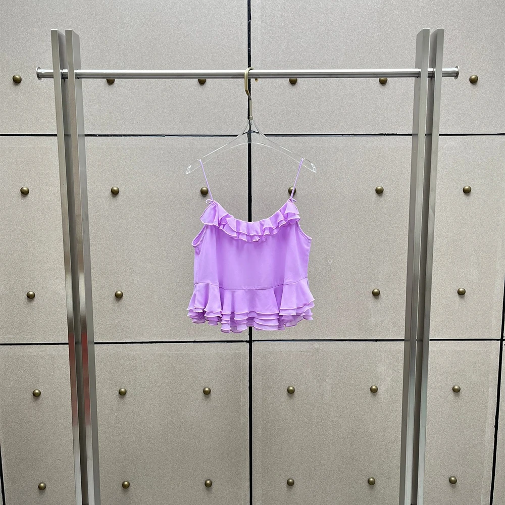 

Women Purple Ruffle Camisole Top Elegant Layered Chiffon Sleeveless Crop Top Spaghetti Strap Flowy Summer Blouse 2026 New Y2k