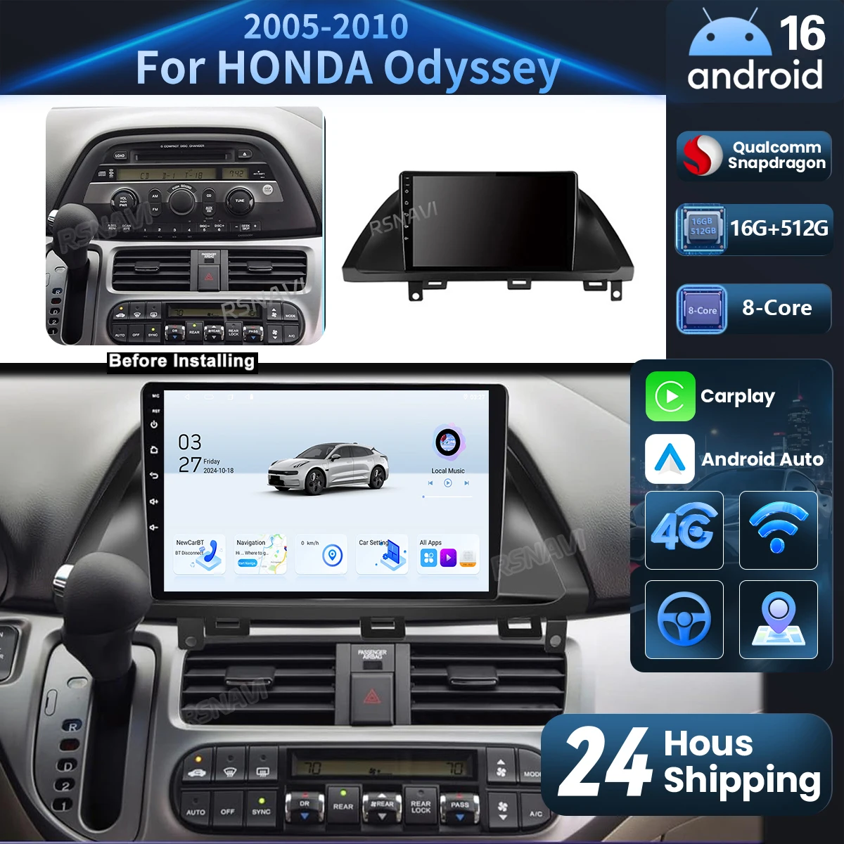 Radio Multimedia para Auto con Pantalla 2K y Android 16 Carplay para Honda Odyssey 2005 - 2010 2din DSP Autoradio Estéreo Qualcomm