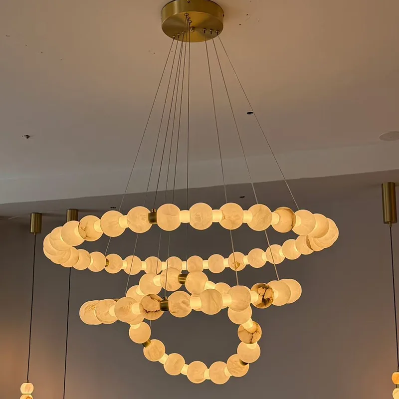 Living room chandelier new modern simple Italian villa dining room master bedroom bead lamp all copper Spanish marble chandelier