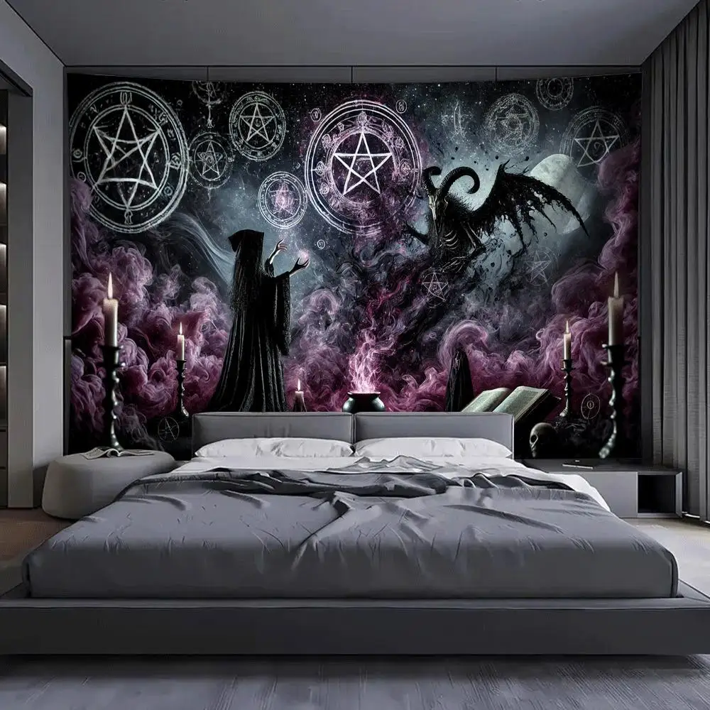 VIKAMA Dark Mage Wandteppich Pentagramm Halloween Party Escape Room Magic Theme Room Wohnzimmer Dekor