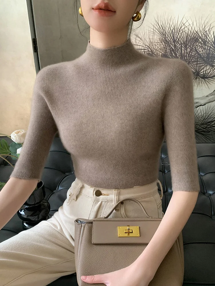 Spring and summer new 100% pure wool slim quality ladies stand-up sweater women's knitted pullover short sleeve solid color top