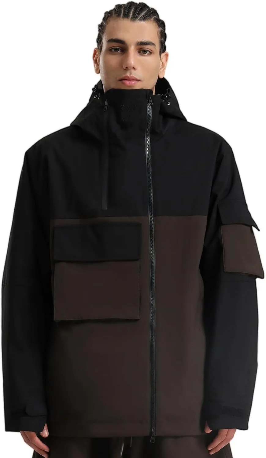 GSOU SNOW Snowboardjacke mit supergroßer Tasche, lockerer, atmungsaktiver Skimantel, wasserdicht, isoliert, Unisex-Winteroberteil, Kapuzenpullover mit Asym-Reißverschluss – Detail 16
