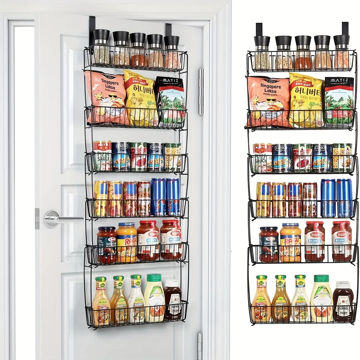 

1pc 6-Tier Metal Hanging Spice Rack, Over The Door Kitchen Organizer, Adjustable Pantry Organizer With 6 Baskets, Heavy Duty Spa