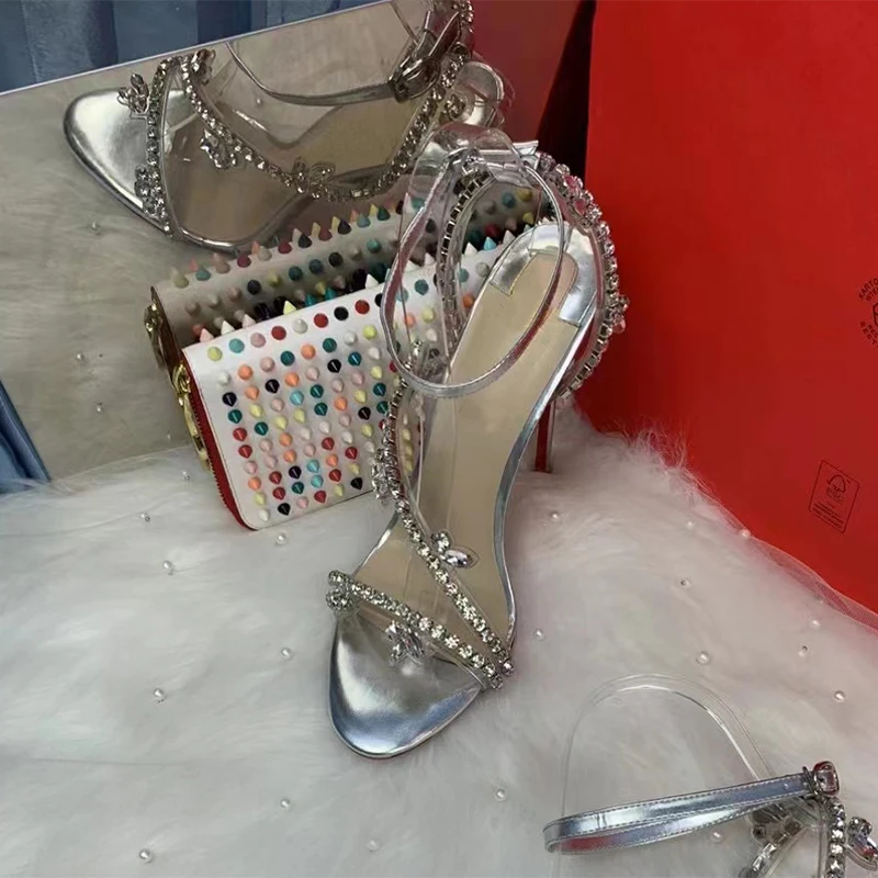 2023 New Sweet Crystal Chain Silver Color 12cm 10cm 8cm Thin High Heels Women Fashion Sandals Shoes