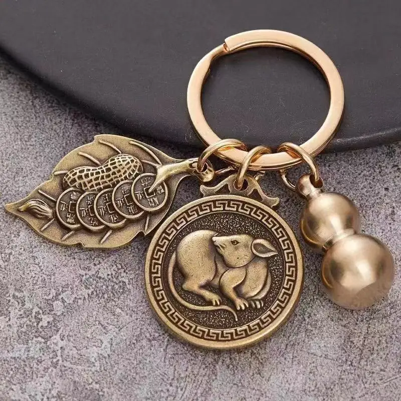 

2PCset pure copper retro brass makes money overnight, zodiac car keychain lucky transshipment gifts wholesale sales pendant