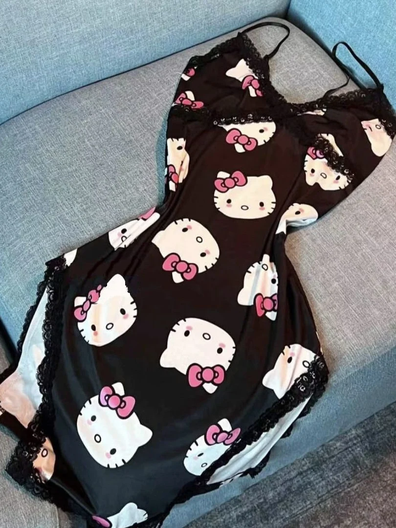 Hello Kitty Spring-Summer New Arrival Strap Sleep Dress, Black Lace Trim, Y2K Anime Style, Perfect for Bestie Outfits