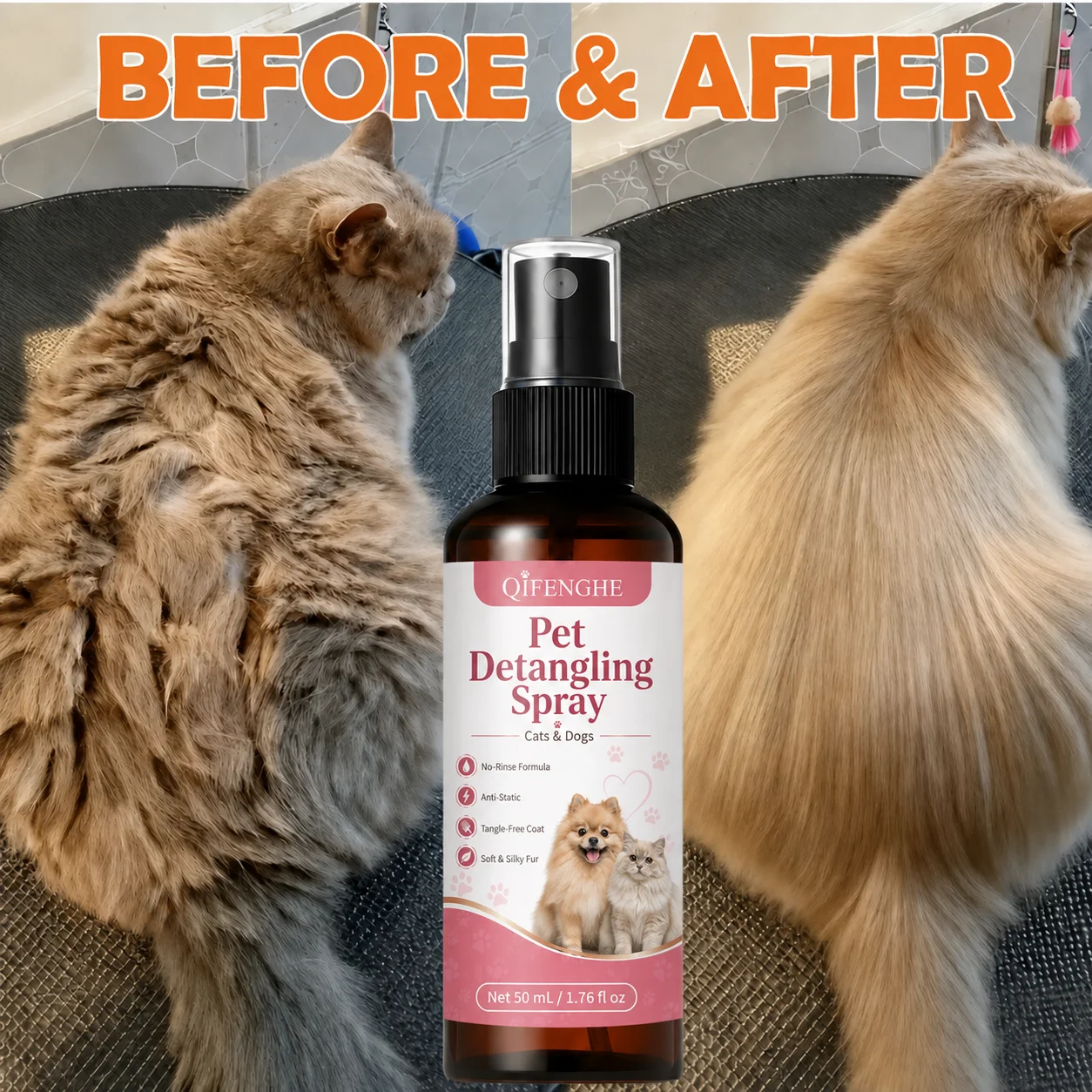 Dog Cat Hair Detangler Spray No Rinse Anti Static Pet Coat Conditioner for Matted Knotted Fur Soft Smooth Easy Combing 50ml