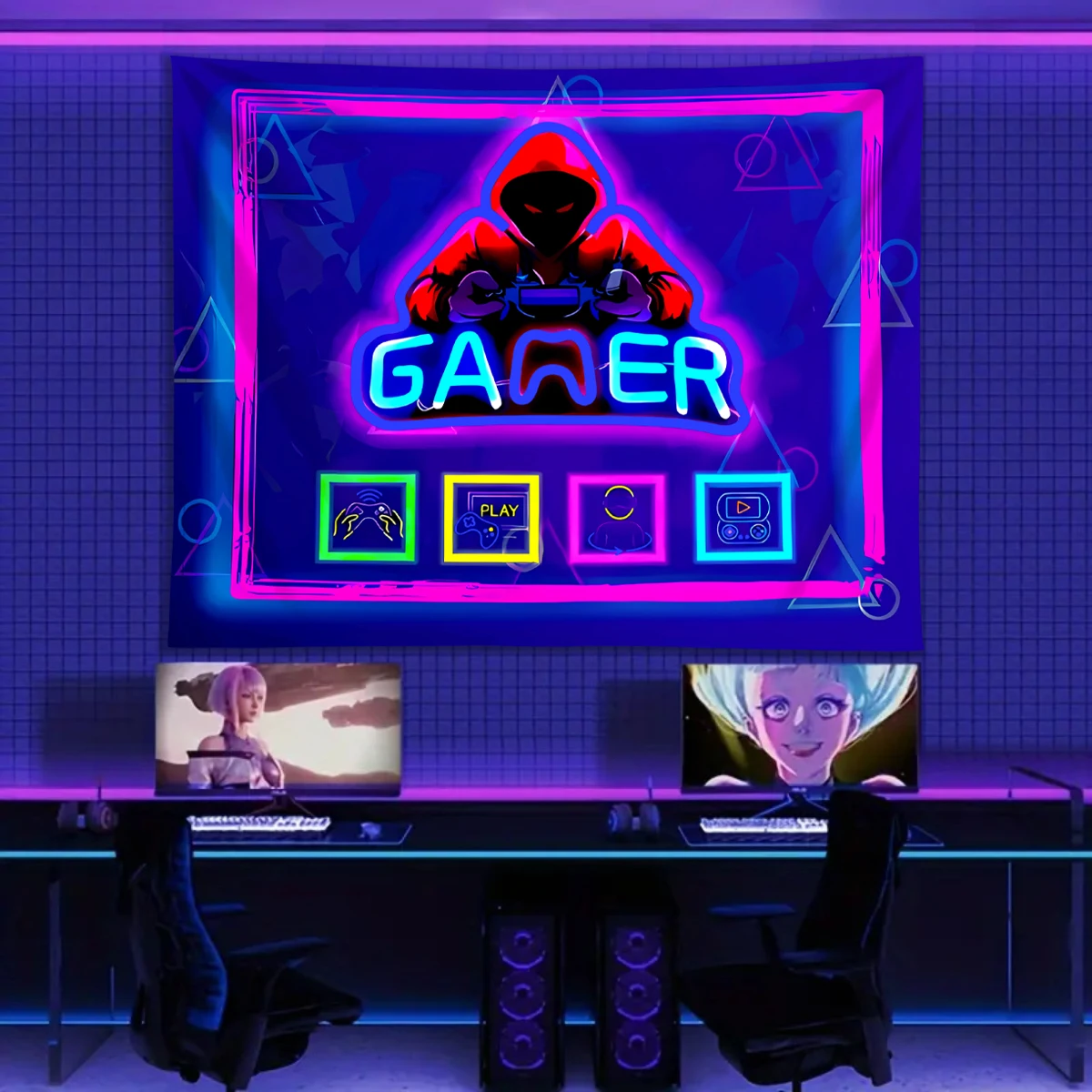 1pc Punk Style Game Fluorescent Tapestry, Uv Reactive Tapestry, Boys\' Esports Room Decoration Neon Light Effect Tapestry