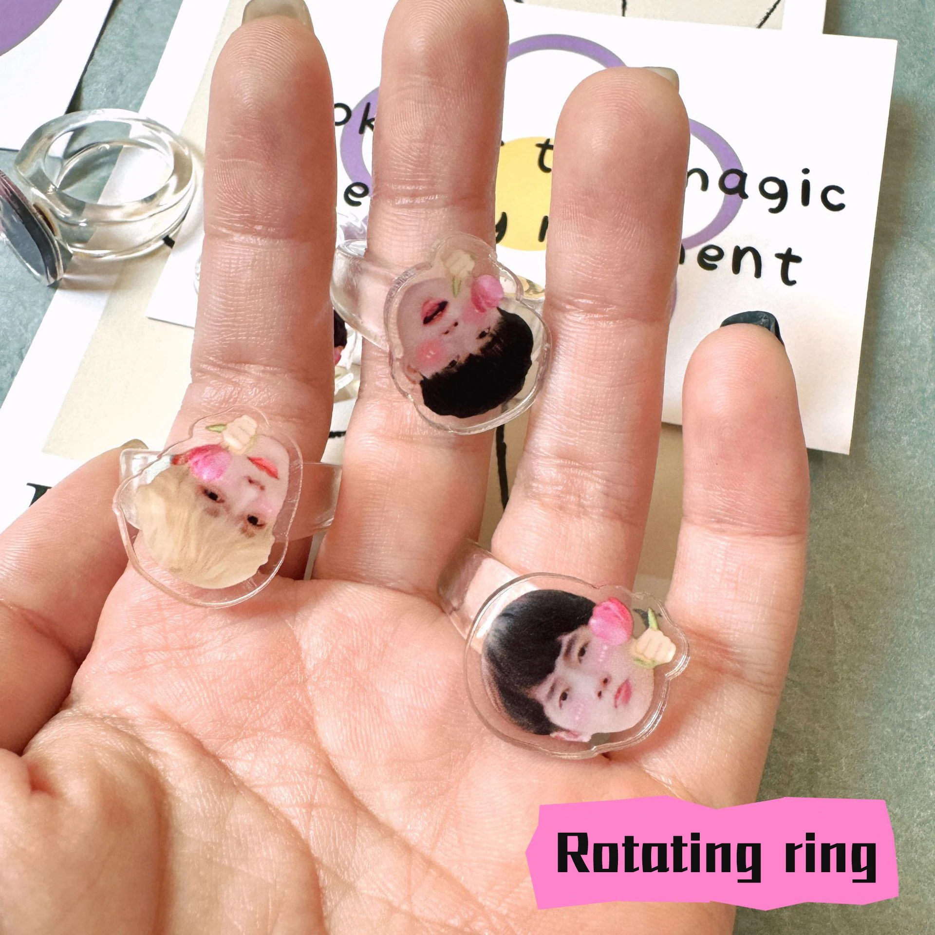 Funny Acrylic Custom Photo Head Rotating Rings Woman bague DIY Picture Personalized Items Transparent Acrylic Finger Ring