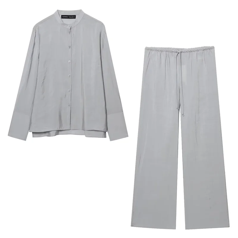 

2025 Women's Summer Set New Light Gray Long Sleeve Draped Shirt and Long Pants Set Casual Fashion Lazy Style Personality