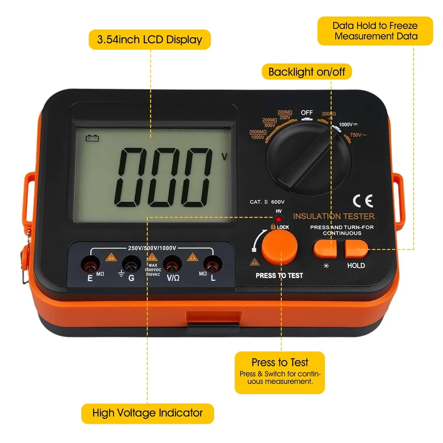 Digitales Megohmmeter 1000 V, Isolationswiderstandstester, Messung 0,1 MΩ ~ 2 GΩ, Testspannung 250 V/500 V/1000 V, DC/AC-Spannung