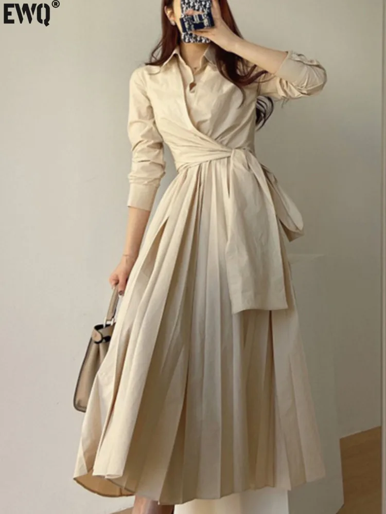 [EWQ] Women Khaki Simplicity Cross Straps To Close The Waist Dress New Lapel Long Sleeve Fashion Tide Autumn Autumn 2024 2F0361