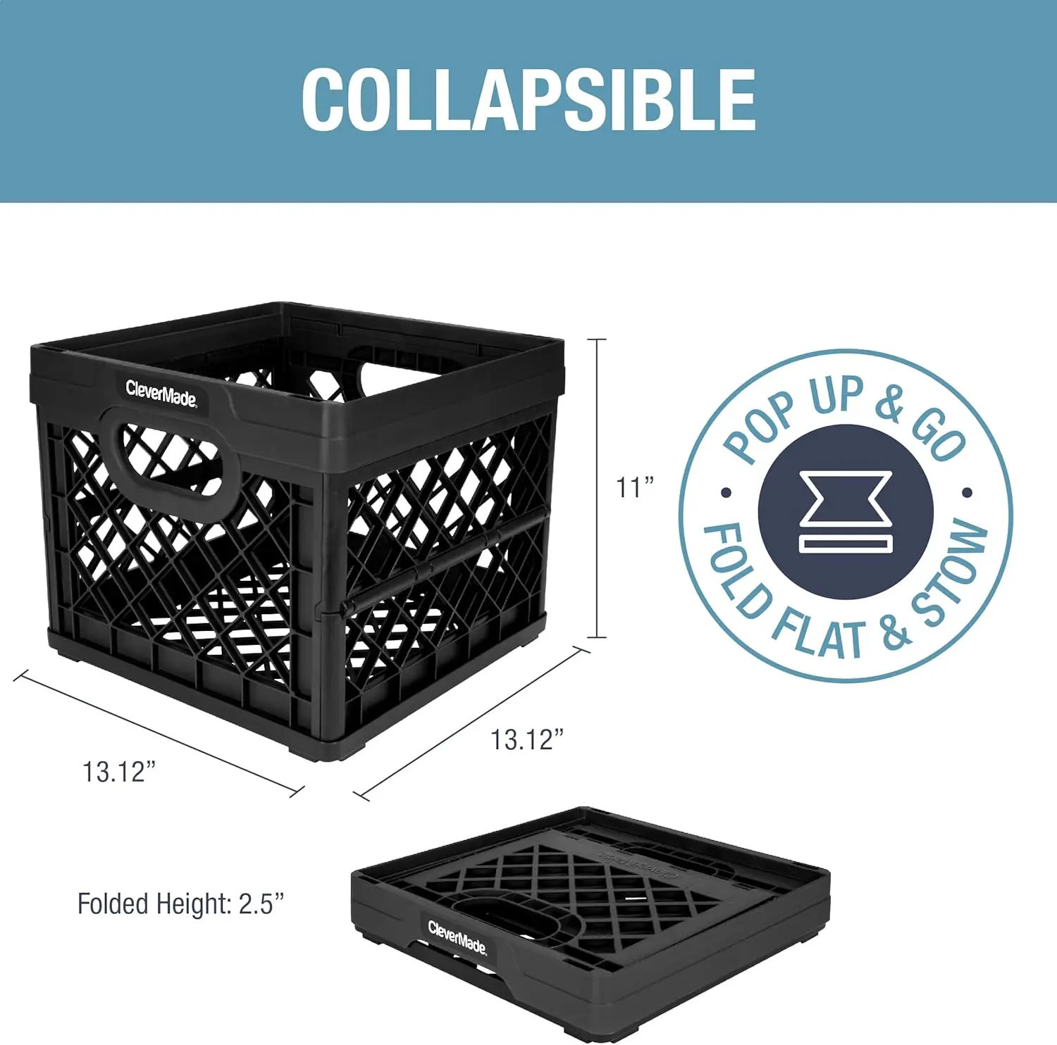 Collapsible Milk Crate, Black, 3PK - 25L (6 Gal) Stackable Storage Bins, Holds 50lbs Per Bin - Clevercrates are Heavy Duty