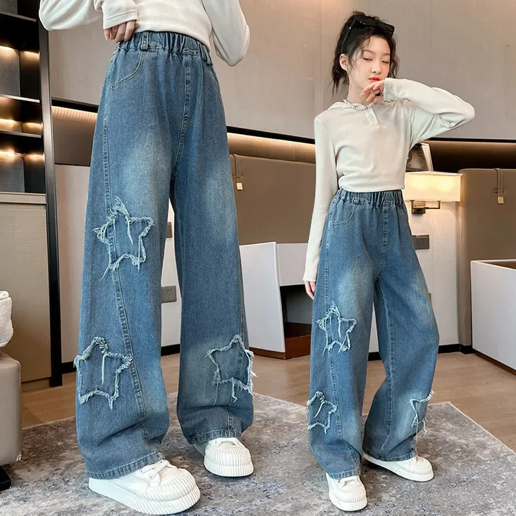 Girls' Jeans 2024 Spring New Kids Fashion Retro five-pointed Star Denim Wide-leg Pants Teenage Children Trousers 5-14 Years