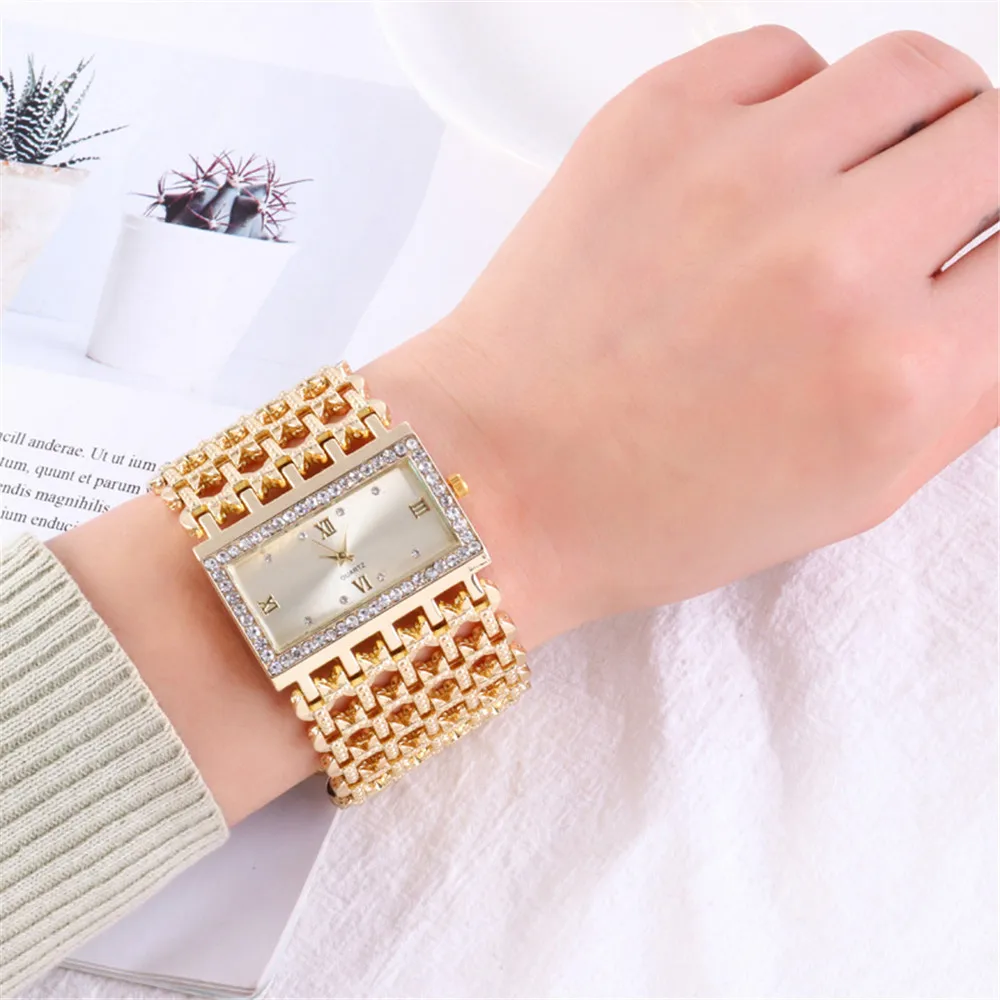 UTHAI Ladies' Watch Square Diamond Set Quartz Watch Fashion Casual Gold Stainless Steel Wristband Women's Watch