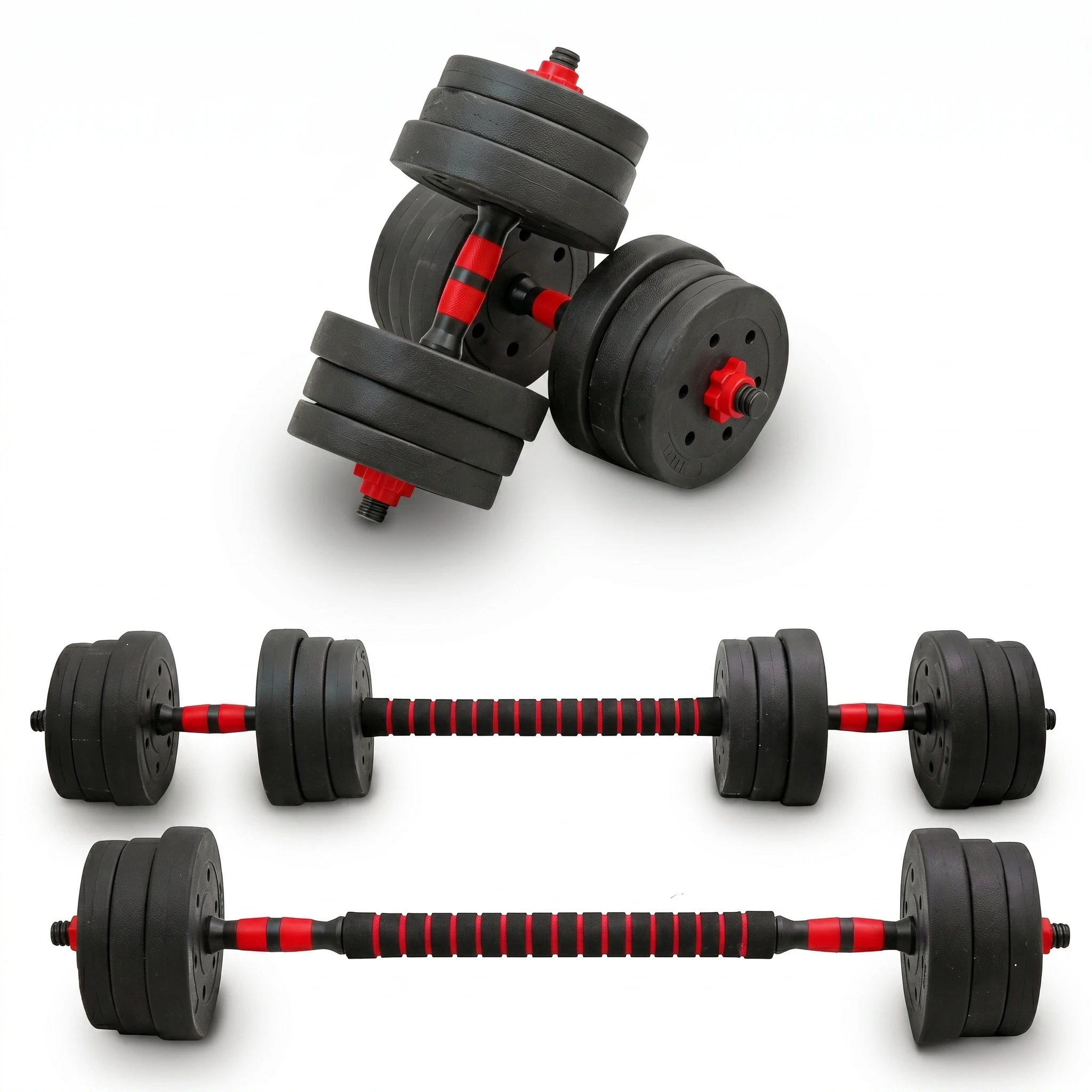 Haltères 2-en-1, ensemble d'haltères avec tube en acier de liaison, 15 kg, 30 kg, noir teinté, réglables, adaptés pour balcon, salon, studio de fitness, équipement pour femmes et hommes.
