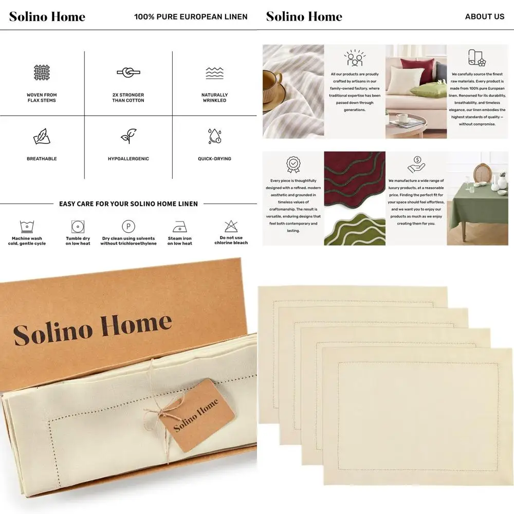 

Set of 4 Linen Placemats - 100% Linen, Medium Weight, Hemstitched, Cream Ivory, 14x19 Inches, Handmade & Washable for Festive Ta