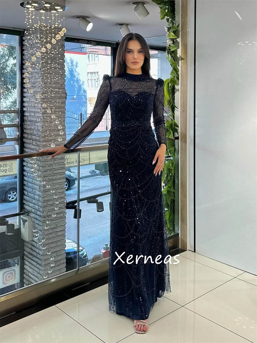 Customized Classic Pattern Sequined Pleat Mermaid High Collar Long Dresses Bespoke Occasion Sparkle Formal