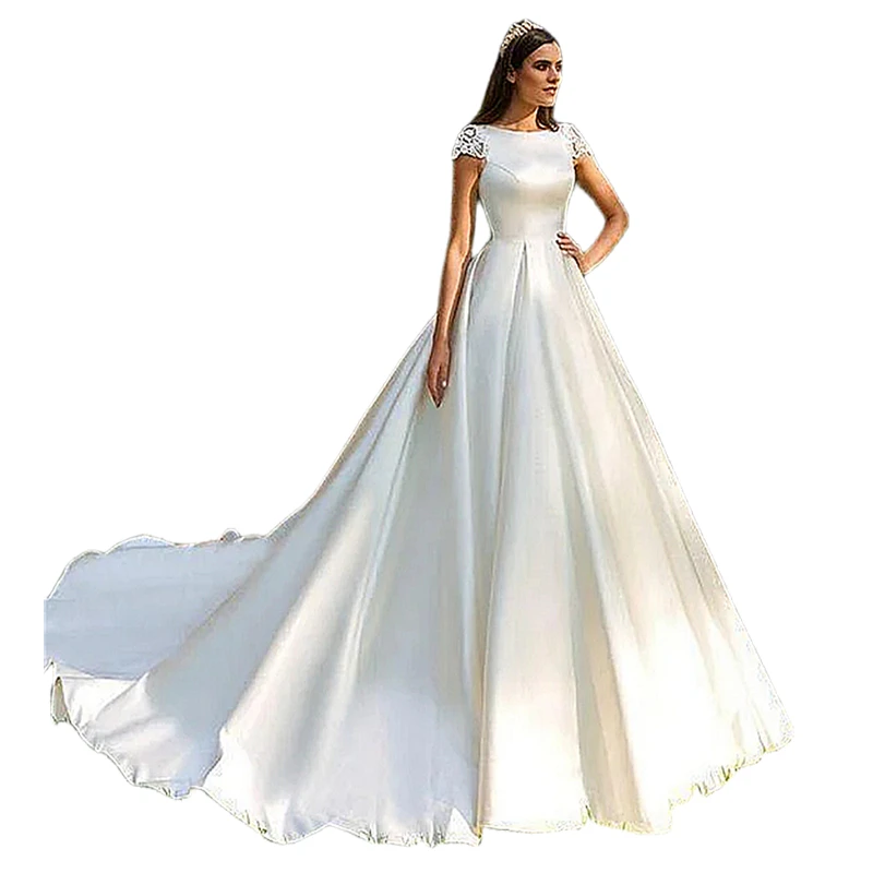 Einfaches elfenbeinfarbenes Satin-A-Linien-langes Hochzeitskleid mit Spitze, kurzen Ärmeln, Applikationen am Rücken, schicke, elegante Brautkleider, individuell gestaltet