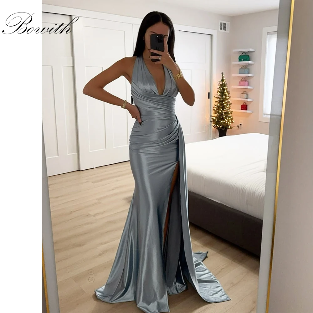 

Bowith Mermaid Evening Gown Women Customized V-Neck Sleeveless Side High Slit Prom Dresses Elegant Party Dresses 2025