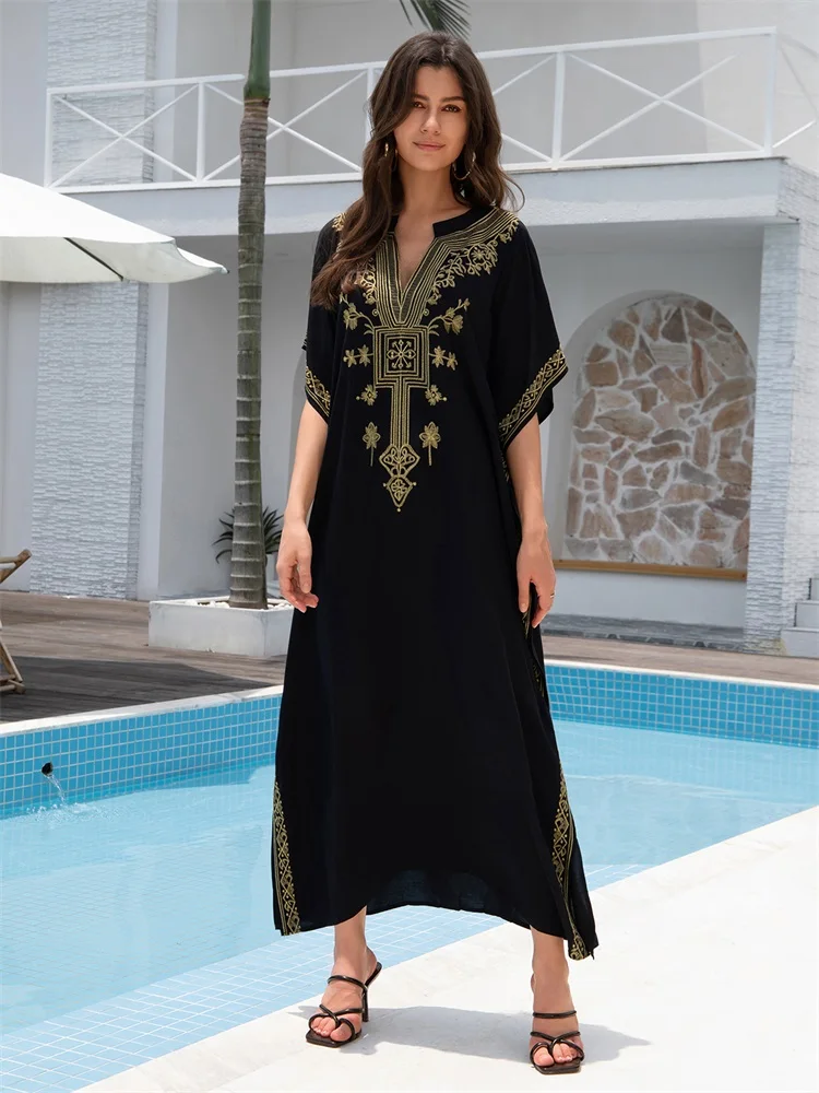 Złoto haftowane w stylu Vintage luźny szlafrok 2024 damski czarna długa sukienka Plus Size turecki Kaftan strój kąpielowy na wakacje